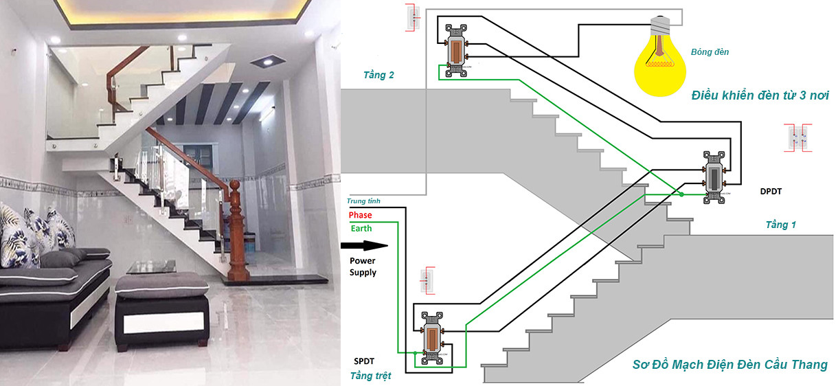 Sơ đồ mạch điện đèn cầu thang Mẫu Sơ đồ mạch điện đèn cầu thang 2 và 3 đầu